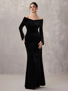 Coutiva 1pc Women's Formal Evening Gown Dress, Fashion Autumn And Winter Banquet Party New Year's Eve Festival Princess Socialite Elegant Internet Celebrity Popular Dress Daily Wear Elastic Sequin Fabric Dress, Formal Dinner Dance Dress, Christmas New Year's Eve, Wedding Guest Dress - Black - View 8