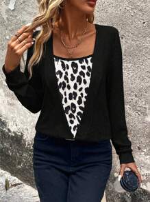 SHEIN LUNE Women Plain Color Splice Long Sleeve Minimalist Sweatshirt, Casual Daily Wear Leopard Print Top Graduation,Back To School Outfits,Graduation,Teacher Outfits For Women,Back To School - Multicolor - View 5