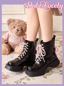 Dola Lovely Black Platform Boots Women Short Booties Ins British Style 2024 Autumn Winter New Mid-Calf Boots Flight Attendant Slim Boots Boots Ladies Ankle Boots For Christmas And New Year Holiday