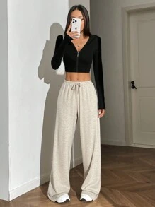 SHEIN EZwear Soft Knitted Loose Fit Casual Long Pants, Suitable For Home Use In Autumn And Winter - Beige - View 5