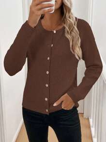 Chiquease 简约圆领单排扣休闲长袖开衫 - 巧克力棕 - 查看 3