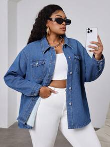 SHEIN Essnce Chaqueta vaquera de talla grande, estilo informal de manga larga con forro polar azul ahuecado, disfraz de Navidad para mujer, ropa de Acción de Gracias, atuendo de regreso a casa, ropa de invierno, disfraz de vaquera, chaqueta de forro polar y vaquera de invierno para mujer, chaquetas de mujer para otoño, chaqueta de forro polar