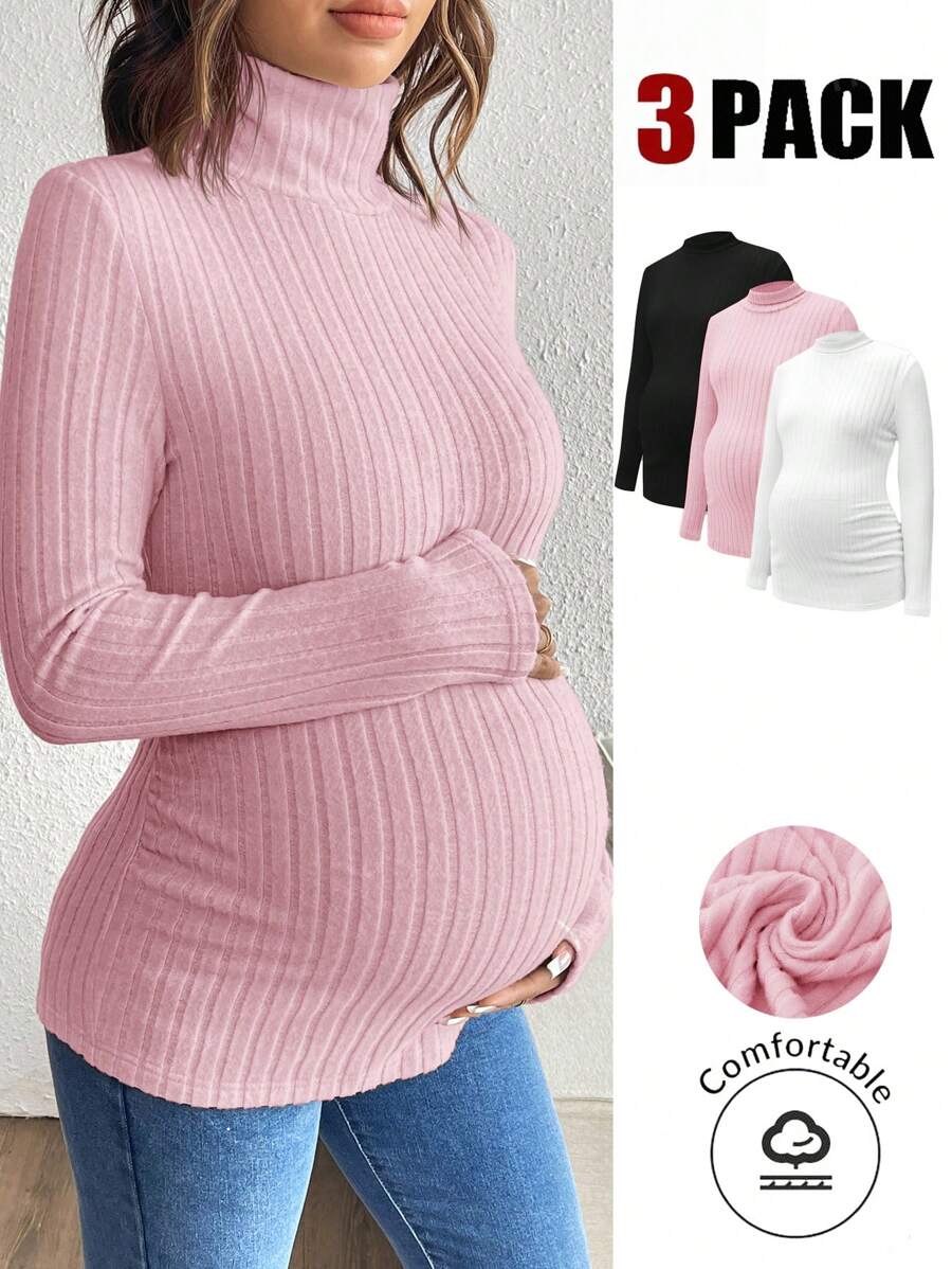 SHEIN Maternity Fashionable Rib Knit Slim Fit Mock Neck Long Sleeve Top - Multicolor - View 1