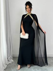 Selianne 拼色装饰立领优雅蝙蝠袖美人鱼下摆时尚连衣裙，适合派对和宴会，女士长款女装 - 黑色 - 查看 7