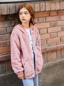 SHEIN Tween Girls Casual And Versatile Fuzzy Letter Print Hooded Jacket, Perfect For Winter Wear,In Fall, And Winter - Pink - View 4