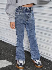 SHEIN Explorewe Young Girl Blue Stretch Denim Jeans With Side Hand-Sewn Ruched Details - Dark Wash - View 4