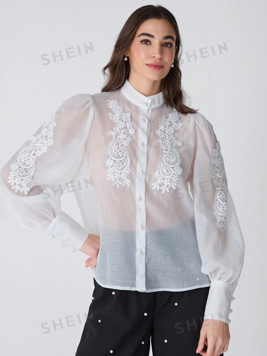 Enchnt Blusa elegante de manga larga con encaje y malla con estampado floral, para otoño