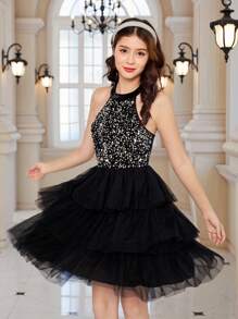 优雅少女天鹅绒串珠无袖圆领网眼蛋糕裙，迷人派对礼服，秋冬 - 黑色 - 查看 3