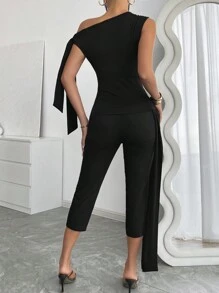 INAWLY 2 件套纯色不对称领扭纹修身上衣和 3/4 裤套装（女款） - 黑色 - 查看 2