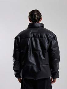 Musero Men High Neck Faux Leather Padded Coat Winter - Black - View 3