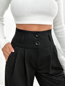 EURMUSE Women Solid Color High Waist Straight Pants - Black - View 5