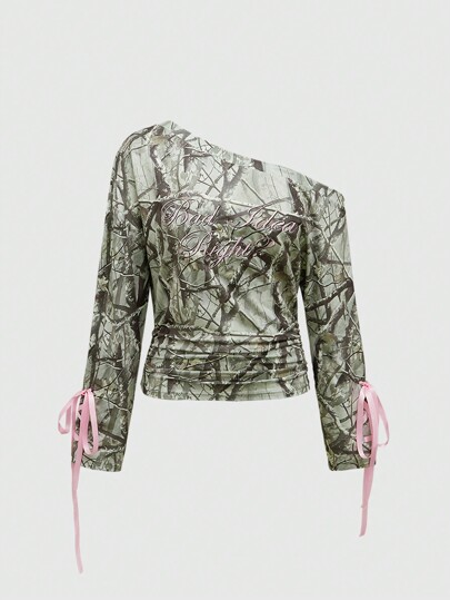 Grunge Punk T-shirt ample à épaule oblique avec broderie et bloc de couleurs à motif de branche d'arbre mort pour femmes