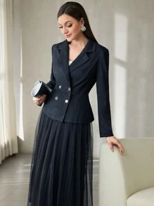 Modelyn Double-Breasted Jacket With Pleated Mesh Skirt Suit Set For Women 2 Pieces Set - Dark Grey - View 3