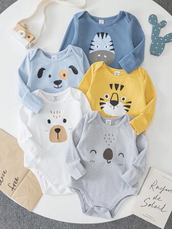 SHEIN 5件装婴儿男女童高弹力重叠肩部宽松拉绒柔软卡通熊狗动物印花针织连体衣，圆领长袖