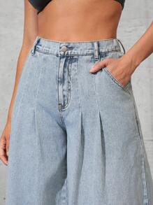Denimoi Women Plain Pocket Decor Casual All-Match Loose Wide Leg Jeans