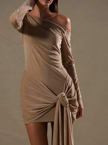 MUSERA Asymmetrical Shoulder Draped Front Mini Dress Elegant Spring Summer Vacation Party Winter - Grey - View 4