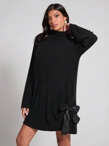 COSMINA Women's Autumn/Winter Black Bow Ruched Mini Dress