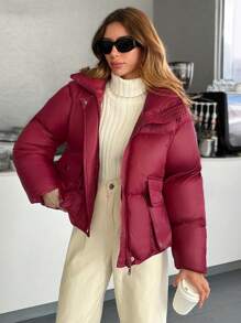 SHEIN Cottnline Casaco de inverno com zíper detalhado e bolso frontal com gola alta e muito quente - Borgonha - Ver 6