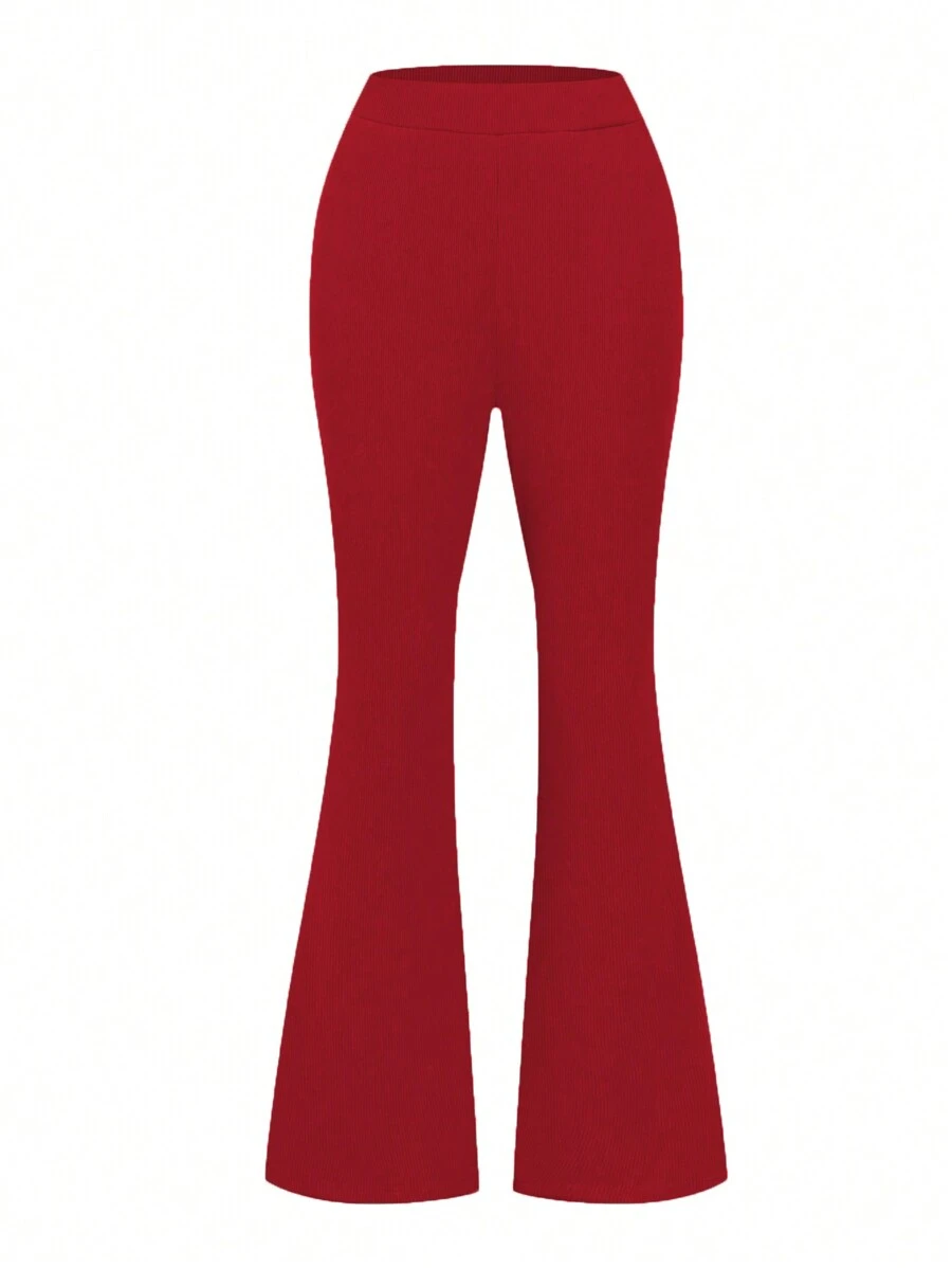 SHEIN LUNE Women Elegant Solid Color Slim Fit Flare Pants For New Year Clothes - Red - View 1