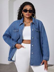 SHEIN Essnce Chaqueta vaquera de talla grande, estilo informal de manga larga con forro polar azul ahuecado, disfraz de Navidad para mujer, ropa de Acción de Gracias, atuendo de regreso a casa, ropa de invierno, disfraz de vaquera, chaqueta de forro polar y vaquera de invierno para mujer, chaquetas de mujer para otoño, chaqueta de forro polar