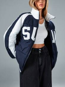 Aveloria Affinna Women's Winter Loose Fit Letter Embroidered Color BlockPadded Insulated Polyfill Synthetic Insulation Winter Coat Winter Jacket Jacket Fall Cloth For Women