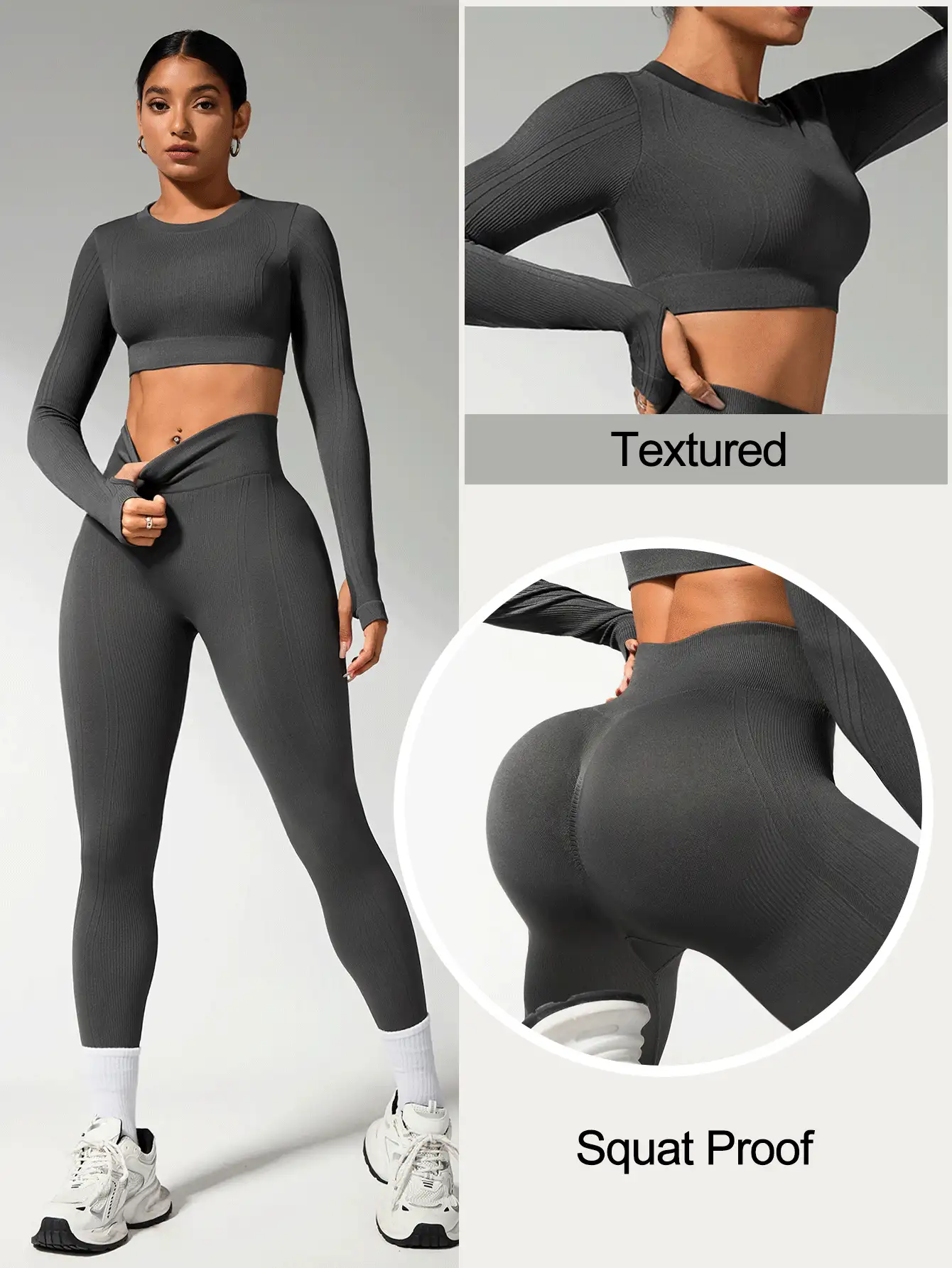 Easithlete Bộ đồ thể thao liền mạch cổ tròn dài tay màu trơn cho nữ và quần legging cạp cao tập gym cho nữ Bộ đồ tập legging cho nữ - Xám - Xem 2