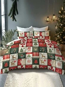 2/3 pièces Ensemble de literie de Noël, couette en microfibre douce à imprimé numérique avec motifs du père Noël, traîneau, bonhomme de neige, cloches, rennes, pins et sapin de Noël. Convient pour la chambre, la chambre d'amis, la salle de jeux, l'hôtel, le dortoir