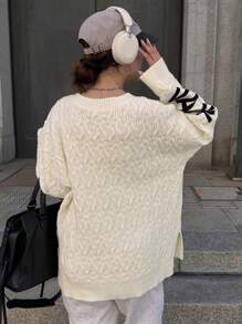 FRIFUL Women Letter Pattern Drop Shoulder Oversized Sweater, Casual Autumn/Winter