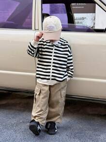 1 Piece Young Boys Casual College Comfortable Fashion Simple Practical Japan And South Korea Relaxed All-Match Soft Comfortable Striped Comfortable Thick Warm Sweatshirt Suitable For Outdoor Play Suitable For Kids Outfits School Back To School Boys Setboys Outfits Daily Suitable For School Suitable For Travel Suitable For Sports Suitable For Autumn And Winter - Black and White - View 2