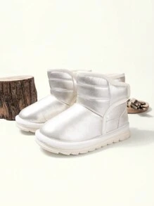 1pair Baby Girl Winter Snow Boots, White Color, Hook And Loop Closure, Flat, Fashion, Comfortable, Warm Lining, Suitable For Winter Season, Boys & Girls