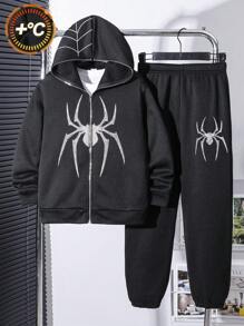 Tween Boy Casual Spiderweb Graphic Zip Front Hoodie And Elastic Waist Pants Set, Suitable For Autumn, Spring, Winter, Fits For Outdoor Play, School, Street Fashion, Party, And Leisure Wear