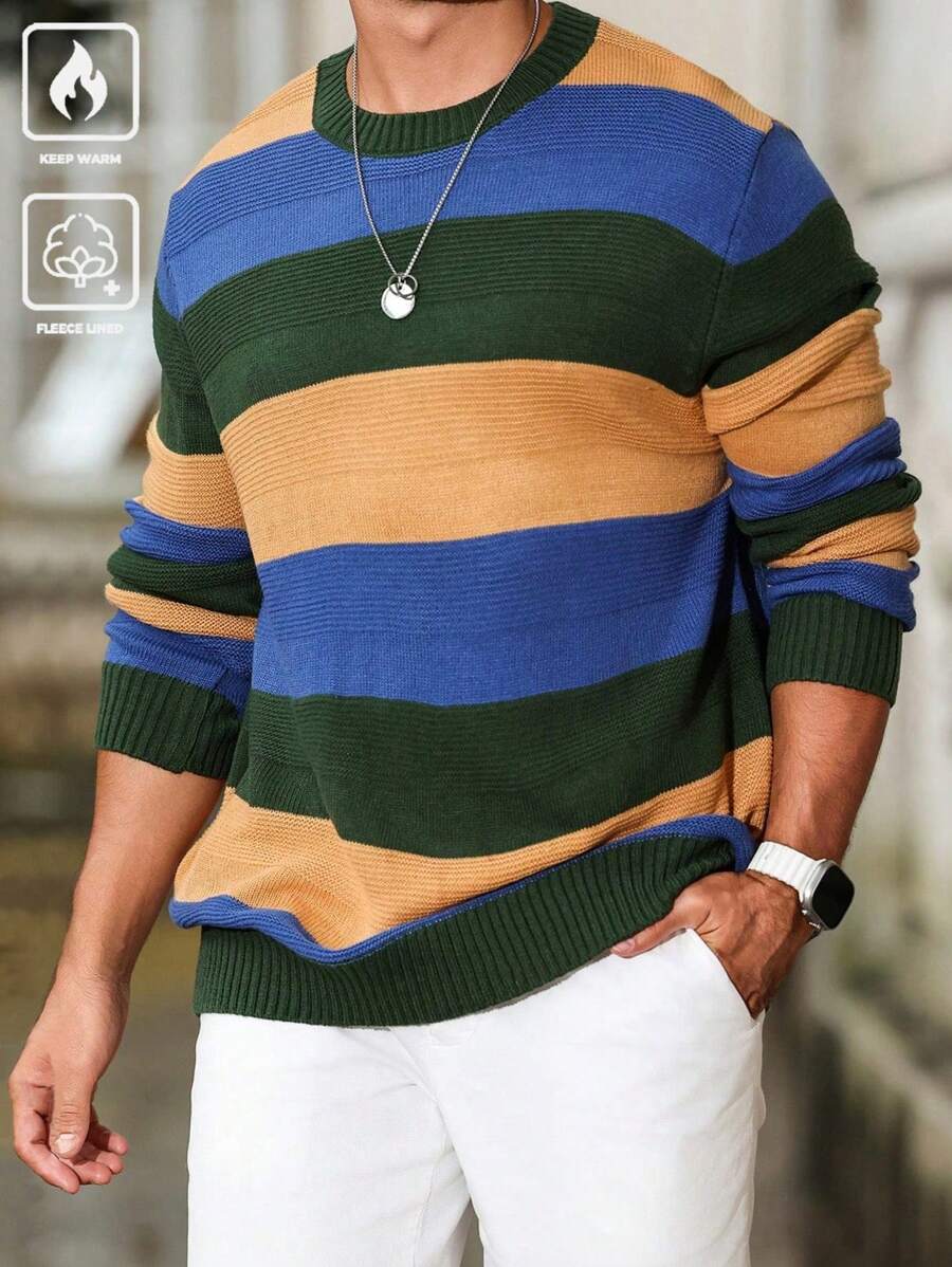 Manfinity Homme Men's Round Neck Long Sleeve Striped Minimalist Sweater, Casual Everyday Wear - Multicolor - View 1