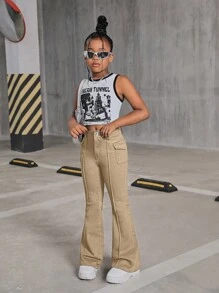 SHEIN Tween Girl Y2K Fashion Retro Style Flap Detail Seam Detail Denim Flare Leg Jeans , Fall Clothes Back To School - Army Green - View 6