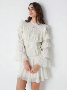 Enchnt Đầm tay chuông xếp nếp màu trơn thanh lịch cho nữ, mùa thu - Màu be - Xem 5