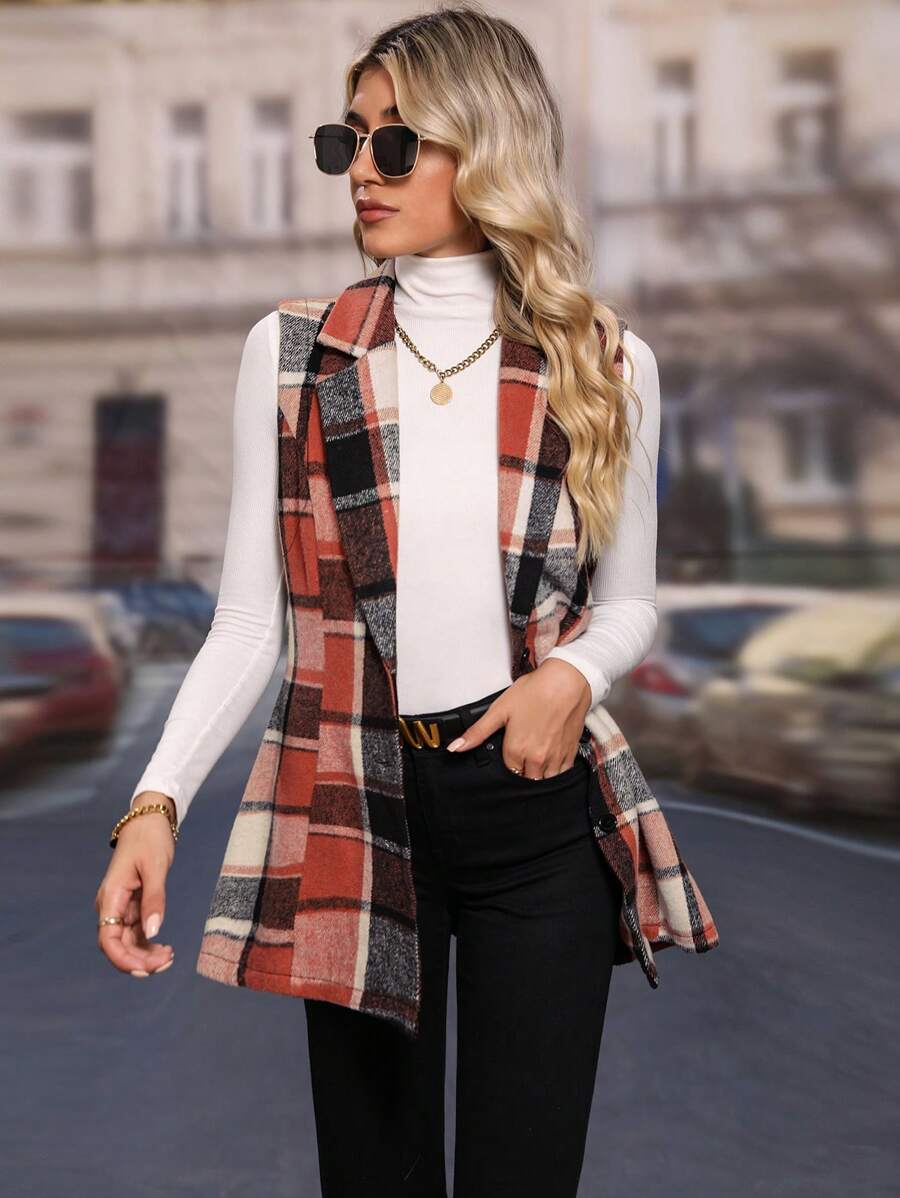 SHEIN PETITE Áo khoác vest thắt eo kẻ sọc giản dị dành cho nữ (In ngẫu nhiên) - Cà phê nâu - Xem 1
