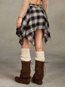 ROMWE PETITE 垃圾摇滚复古格子系带不对称分层裙 - 彩色 - 查看 4