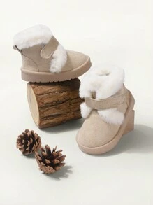 1 Paio Stivali da neve per bambini maschi, kaki, con chiusura a strappo, piatti, semplici e alla moda, termoisolati e caldi, adatti per l'inverno