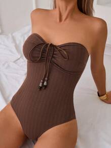 1pc Solid Color Beach Strapless-Tie Convertible Monokini Swimsuit, Summer - Coffee Brown - View 3