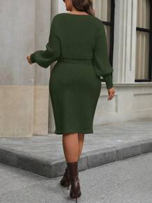 EMERY ROSE Plus Size Solid Color Round Neck Fitted Elegant Long Sleeve Sweater Dress, Winter Fall Cloth For Women - Army Green - View 2