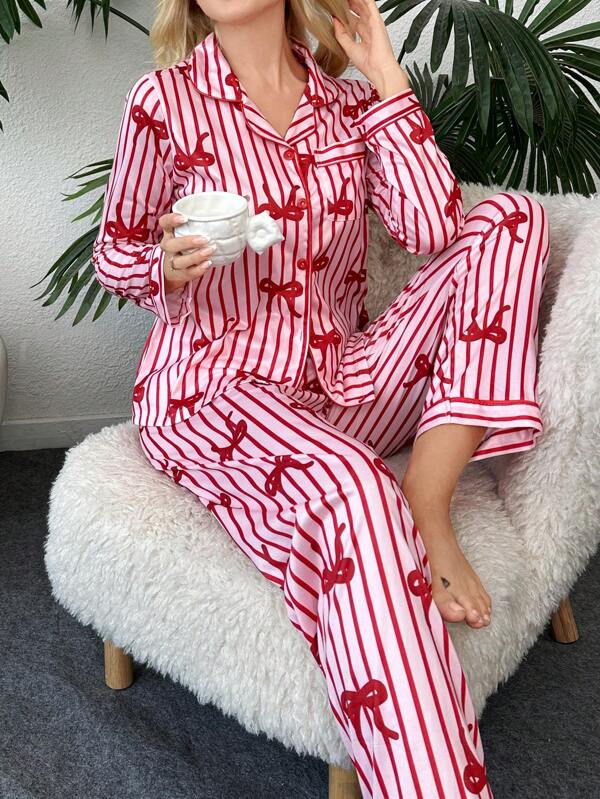 Women's Bow Striped Cardigan Long Sleeve Pajama Set