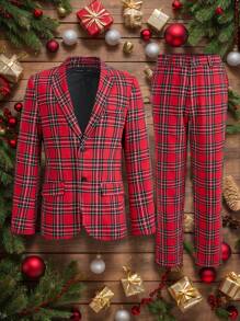 Manfinity VCAY 2 件男士编织格子修身领长袖休闲西装外套和直腿松紧腰西装裤套装，适合日常办公穿着 - 彩色 - 查看 4