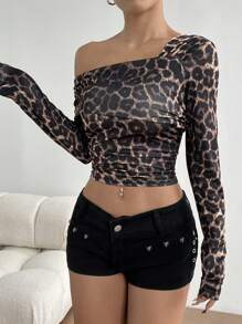 Flirla Casual Leopard Print Knit Shoulder & Waist Ruched Foldover Collar Long Sleeve T-Shirt Top Graphic Cheetah Print Tees Women Tops For Spring Outfit