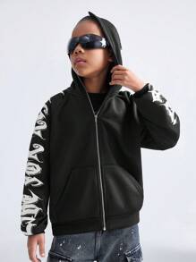 SHEIN Sudadera con capucha con cremallera para niñas preadolescentes de otoño/invierno, sudadera oversize negra con estampado de letras de Halloween Y2K