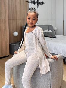 SHEIN Slayr 3 件套 Tween 女童休闲针织纯色长袖开衫、无袖上衣和紧身裤套装 - 彩色 - 查看 1