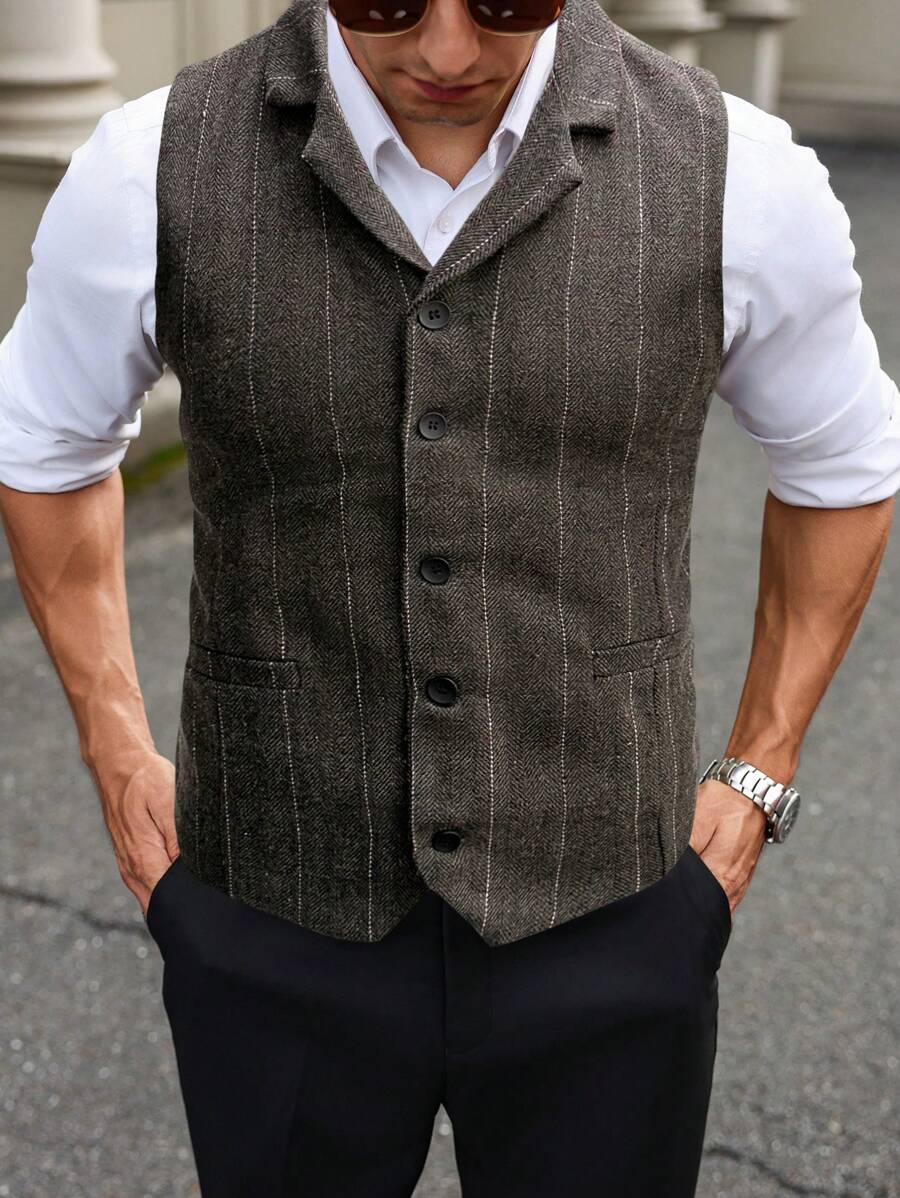 Manfinity Bizformal Men Striped Lapel Neck Single-Breasted Casual/Work Waistcoat For Autumn - Multicolor - View 1