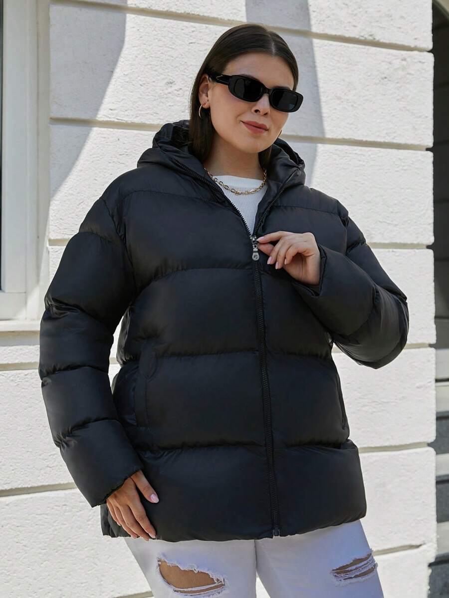 EURMUSE Zip Up Hooded Puffer Coat - Black - View 1