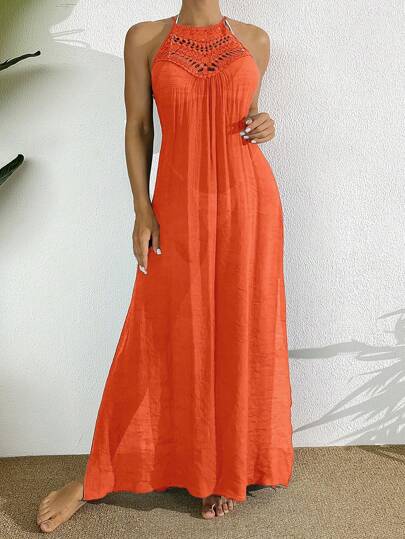 SHEIN Vestido de cubrición con abertura hasta el muslo, sin mangas, de unicolor y calado, para mujer