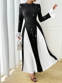 Calvaya Women's Elegant Glitter Splice Hem & Cuff Long Sleeve A-Line Dress, Autumn/Winter Maxi Women Outfit