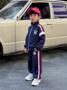 2 Pieces Young Boys Young Boys Casual Academy Comfortable, Stylish, Simple And Practical Japanese And Korean Relaxed Joker Soft And Comfortable With Pattern And Ribbon Decoration Grab Comfortable And Thick Stand Collar Jacket Hoodie And Trousers Suit Suitable For Suburban Play Kids Outfits School Back To School Young Boys SetYoung Boys Outfits Daily Fit For School Fit For Travel Fit For Sports Fit For Fall And Winter