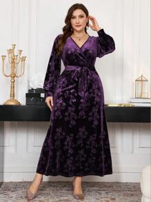 Modelyn 大码时尚简约长袖前系带休闲长裙超长女士装长款晚礼服